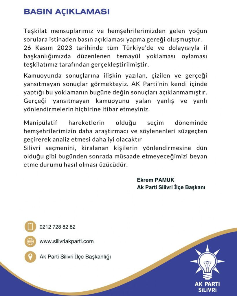 AKP Silivri İlçeden Kamuoyu duyurusu