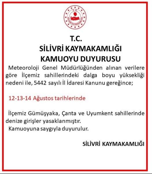 Silivri’de 12-13-14 Ağustos’ta Denize Giriş Yasağı