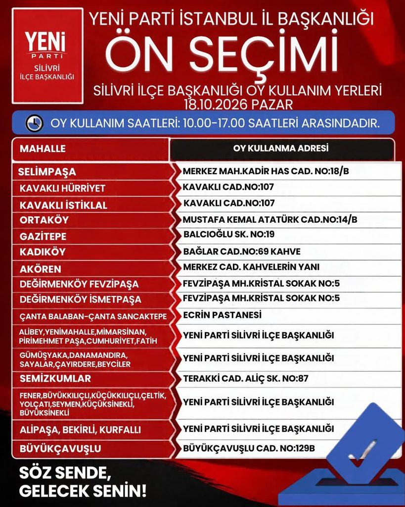 Yeni Parti Ön Seçimi Silivri Oy Kullanım Yerleri Belli Oldu!
